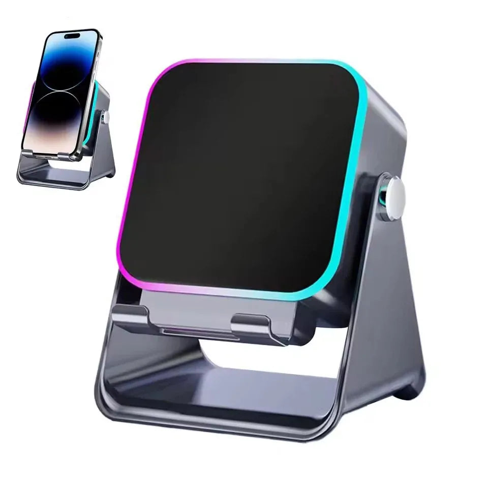 Multi-device charging stand with smartphone, smartwatch, and wireless charger on a white background