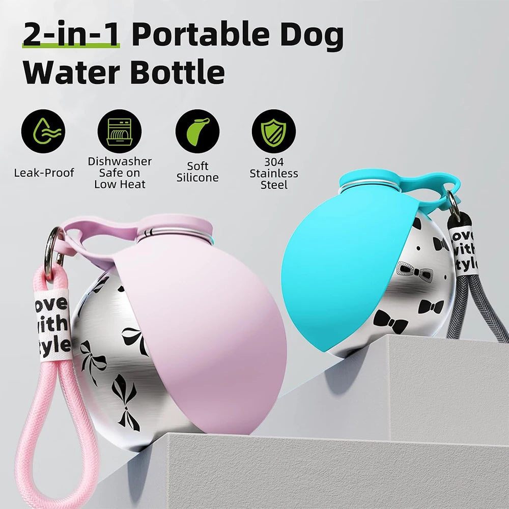 2-in-1 portable dog water bottle with pink and blue designs on a gray background