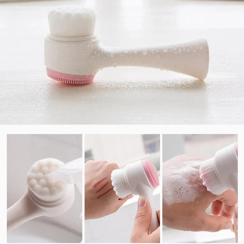 Collage of a white and pink cleansing brush with foam on a light background
