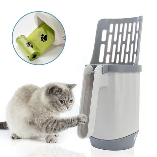 Cat using a self-cleaning litter box with a close-up of litter on a white background.