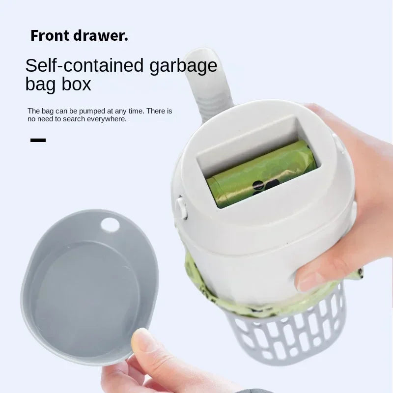 Hand holding a self-contained garbage bag box with text on a light gray background