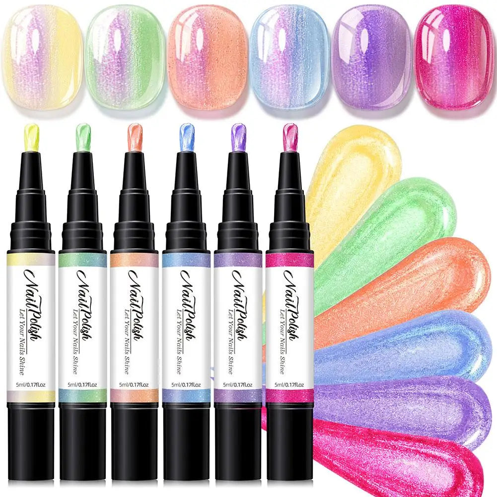 6-Color Pearlescent Gel Nail Polish Pen Set – 3-in-1 No Base Coat Needed, Quick Dry DIY Manicure