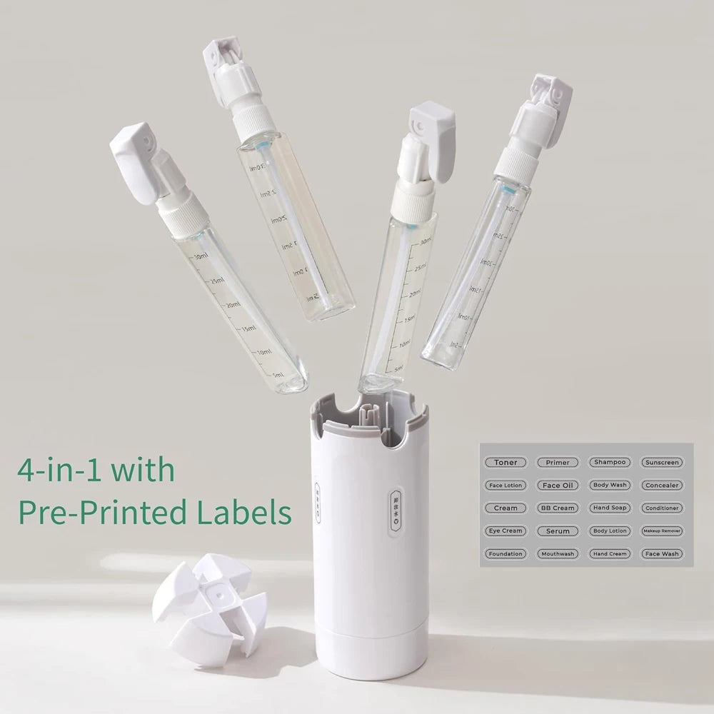 A white cylindrical 4-in-1 perfume atomizer device shown with four clear spray bottles attached, plus a sheet of pre-printed labels and a folded white paper component. Text on the left reads '4-in-1 with Pre-Printed Labels.