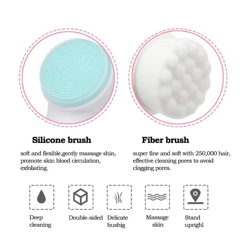 Silicone and fiber brushes with features and benefits on a white background