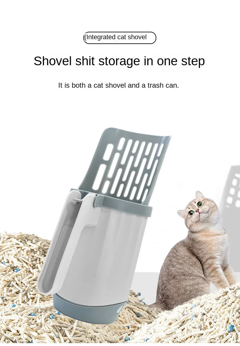 Integrated cat shovel and trash can with a cat sitting next to it on a white background