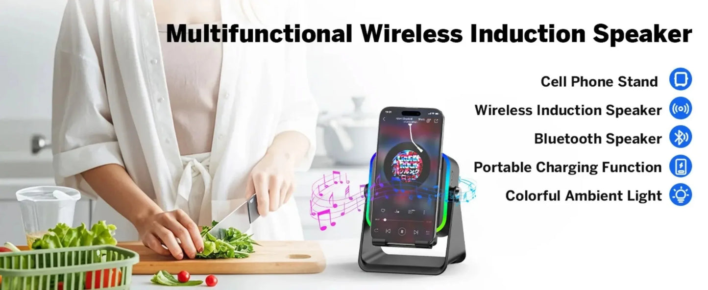 Multifunctional wireless induction speaker with smartphone stand and charging capabilities on a kitchen counter.