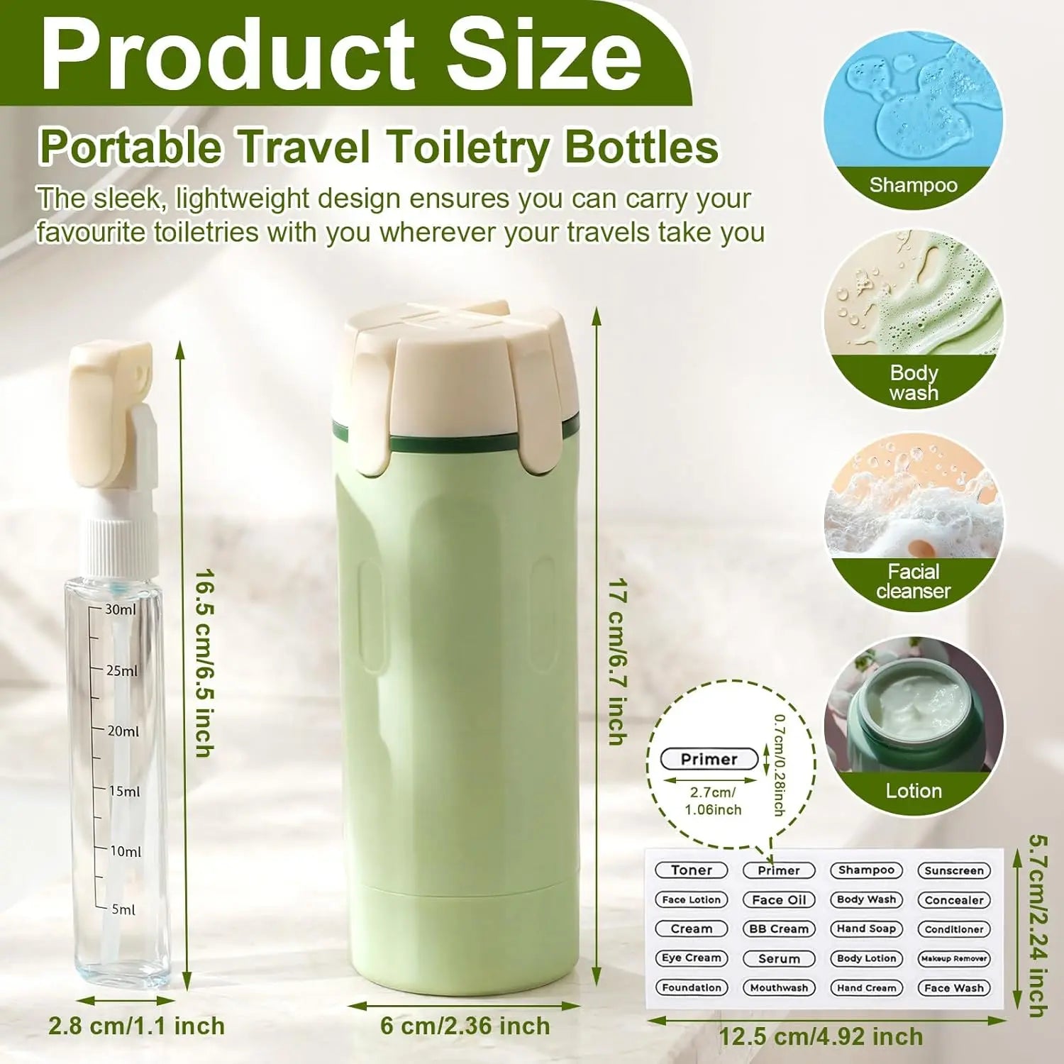 Green portable travel toiletry bottle with measurements and product size details.