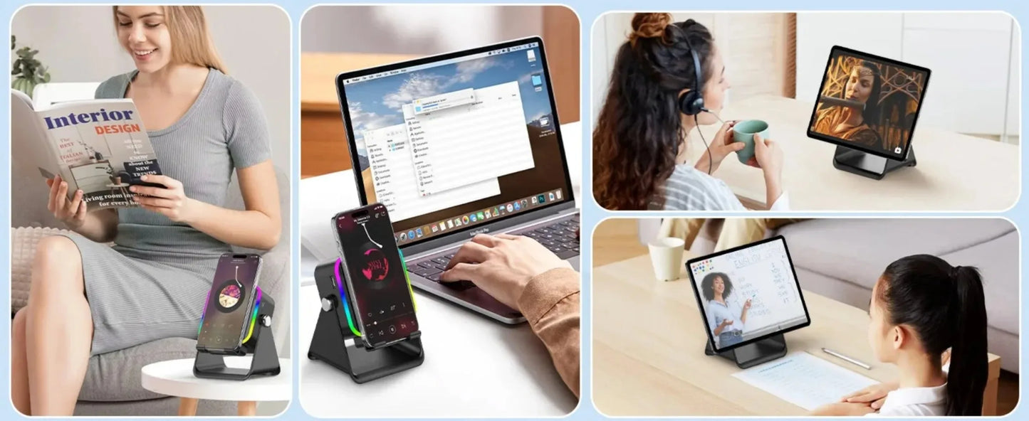 Collage of people using a smartphone stand with various devices on a light blue background