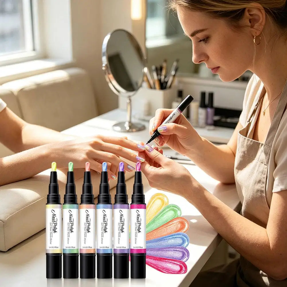 6-Color Pearlescent Gel Nail Polish Pen Set – 3-in-1 No Base Coat Needed, Quick Dry DIY Manicure