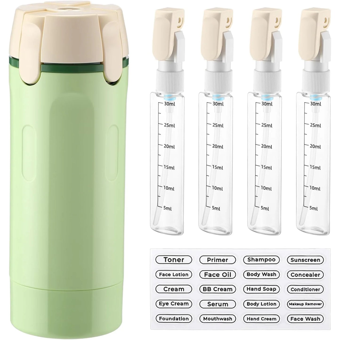 A light green insulated travel tumbler with a cream lid is shown next to four clear 30ml spray bottles with cream caps and measurement markings, plus a sheet of product label stickers.