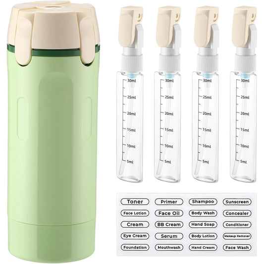 A light green insulated travel tumbler with a cream lid is shown next to four clear 30ml spray bottles with cream caps and measurement markings, plus a sheet of product label stickers.