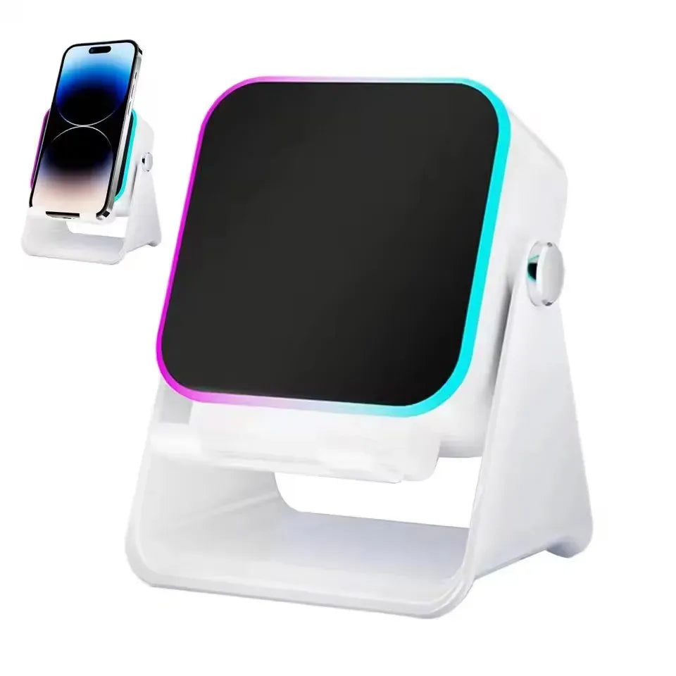 Multi-device charging stand with phone, watch, and wireless charger on a white background