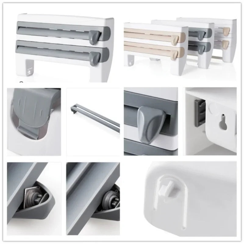 A collage of product views showing a wall-mounted double towel bar set in white and gray, with close-up detail shots of the mounting hardware, hinges, and plastic components.