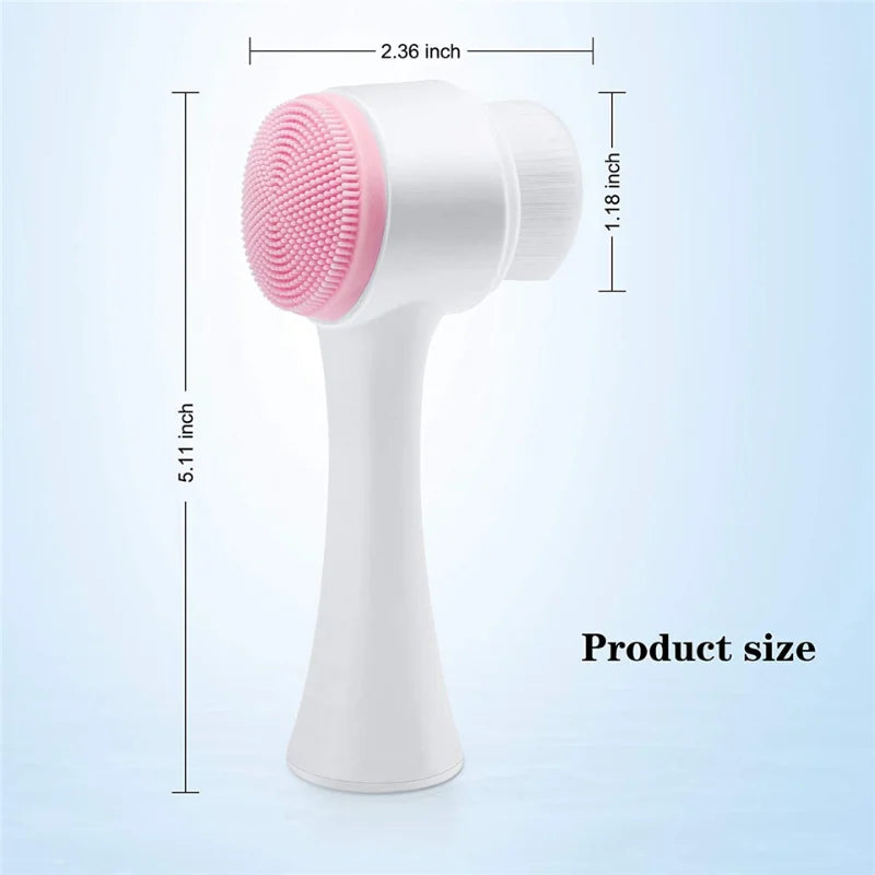 White facial cleansing brush with pink bristle head and measurements on a light blue background