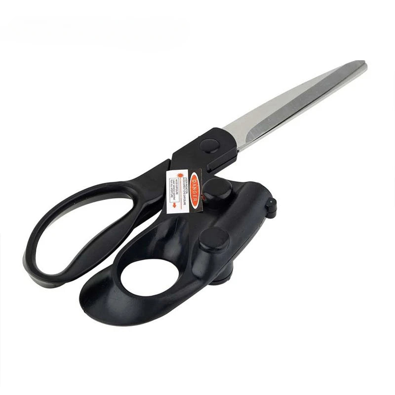 Black-handled scissors with a visible brand label on a white background