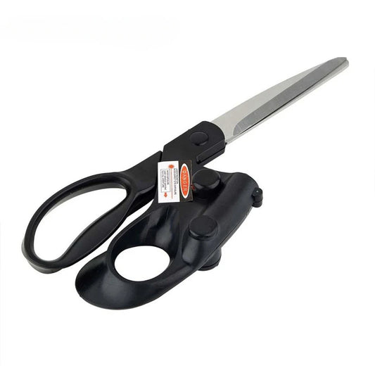 Black-handled scissors with a visible brand label on a white background