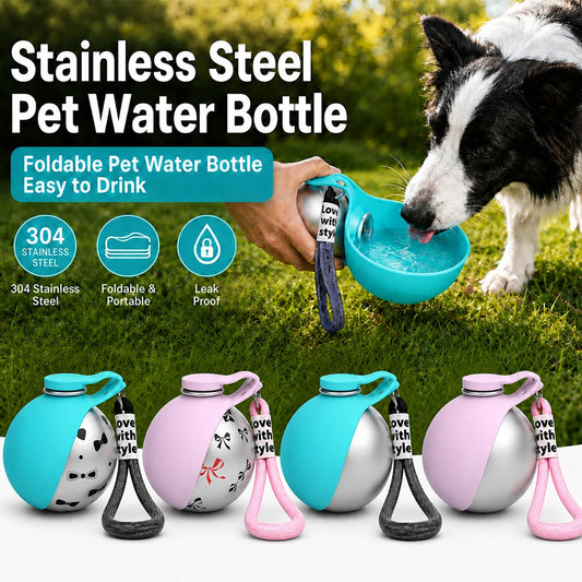 Stainless steel foldable pet water bottle shown with a black-and-white dog drinking water from a turquoise bowl outdoors on grass. Large text reads 'Stainless Steel Pet Water Bottle' and 'Easy to Drink,' with feature icons for 304 stainless steel, foldable/portable, and leak proof.