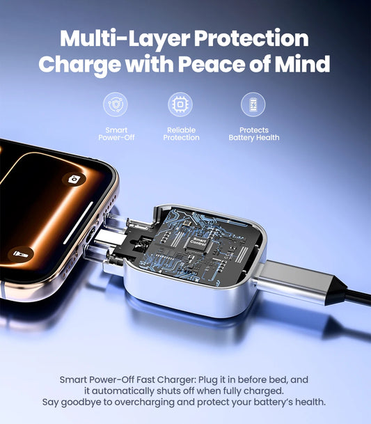 Smart phone charger with text about multi-layer protection and peace of mind