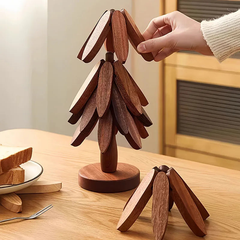 Foldable Wooden Tree Trivet – Heat-Resistant Table Mat, Pot Holder & Cup Coaster