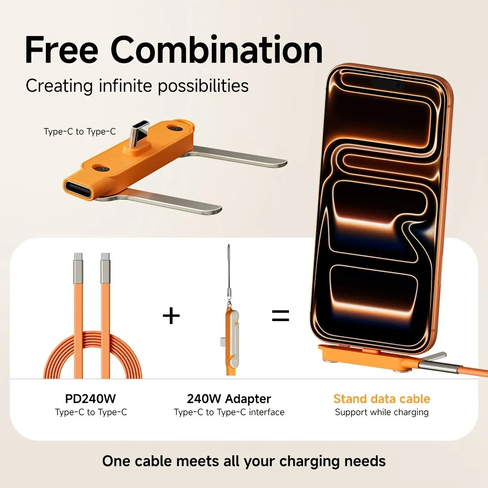 2-in-1 USB-C Fast Charging Cable with Foldable Phone Stand – 240W Type-C to Type-C