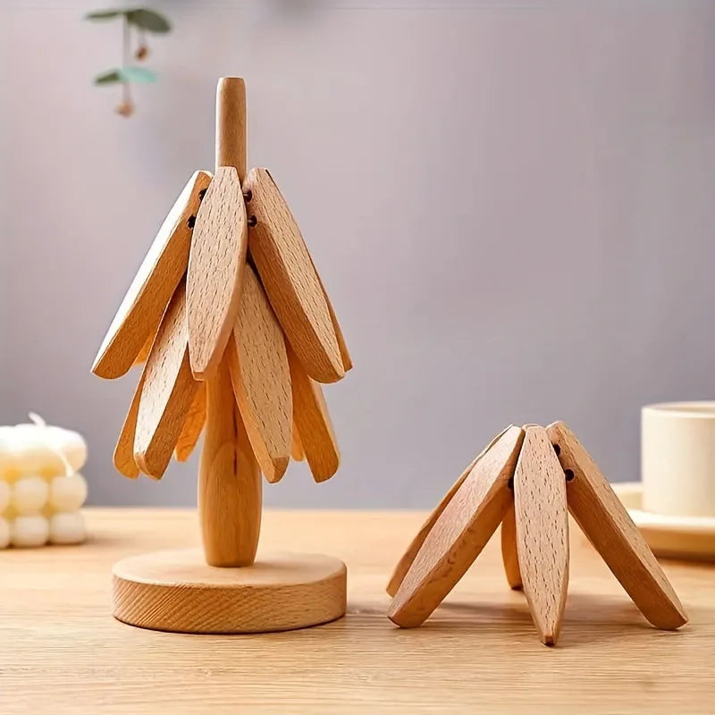 Foldable Wooden Tree Trivet – Heat-Resistant Table Mat, Pot Holder & Cup Coaster