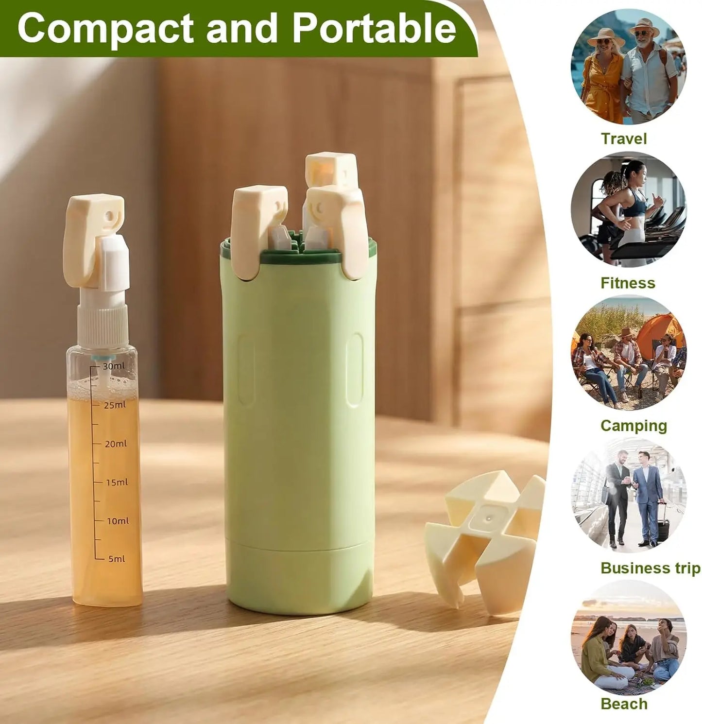 Compact portable travel spray bottle set on a wooden table, featuring a clear 5ml spray bottle with yellow liquid, a mint green cylindrical holder with cream-colored flip-top caps, and a few loose cream caps. A green banner at the top reads 'Compact and Portable' and a vertical sidebar lists use cases: Travel, Fitness, Camping, Business trip, and Beach.
