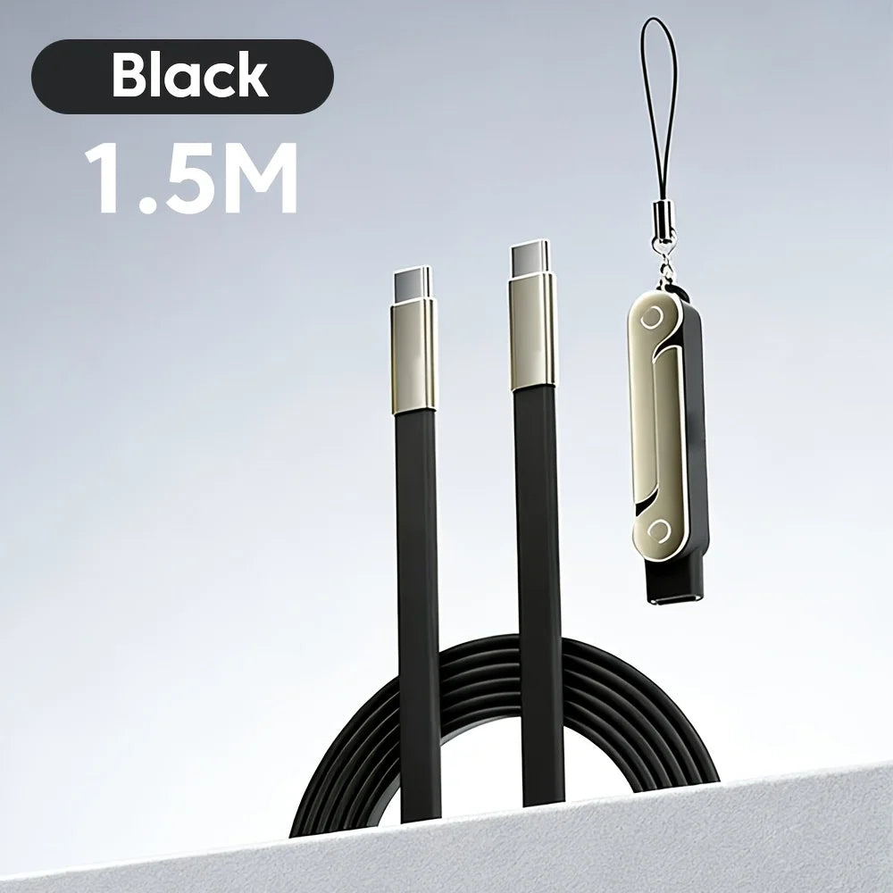 Black cable with a metallic connector and phone charm on a light gray background