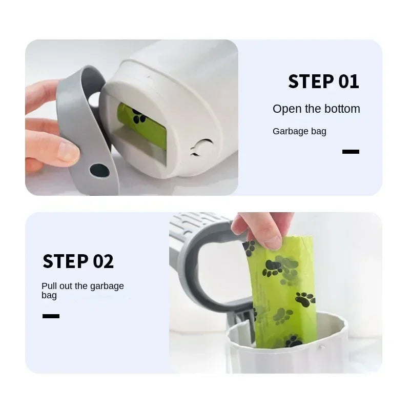 Instructions on how to use a pet waste bag dispenser with steps displayed.