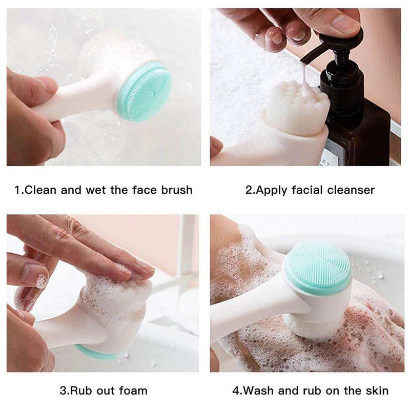Step-by-step guide on using a facial cleansing brush with text instructions.
