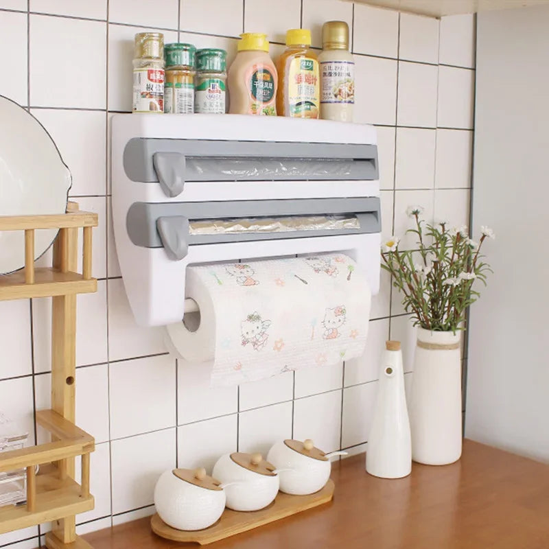 3-Tier Wall-Mounted Kitchen Storage Rack – Cling Film, Foil & Towel Holder