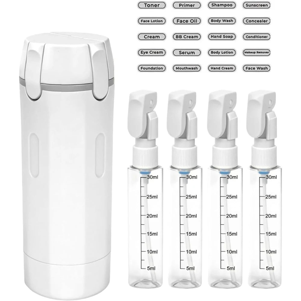White travel bottle set with four smaller bottles and a larger container, featuring measurement markings.