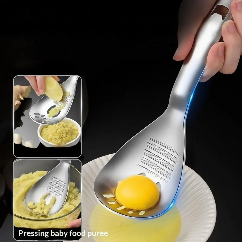Multifunctional egg white separator with a spoon, showing its uses on a black background.