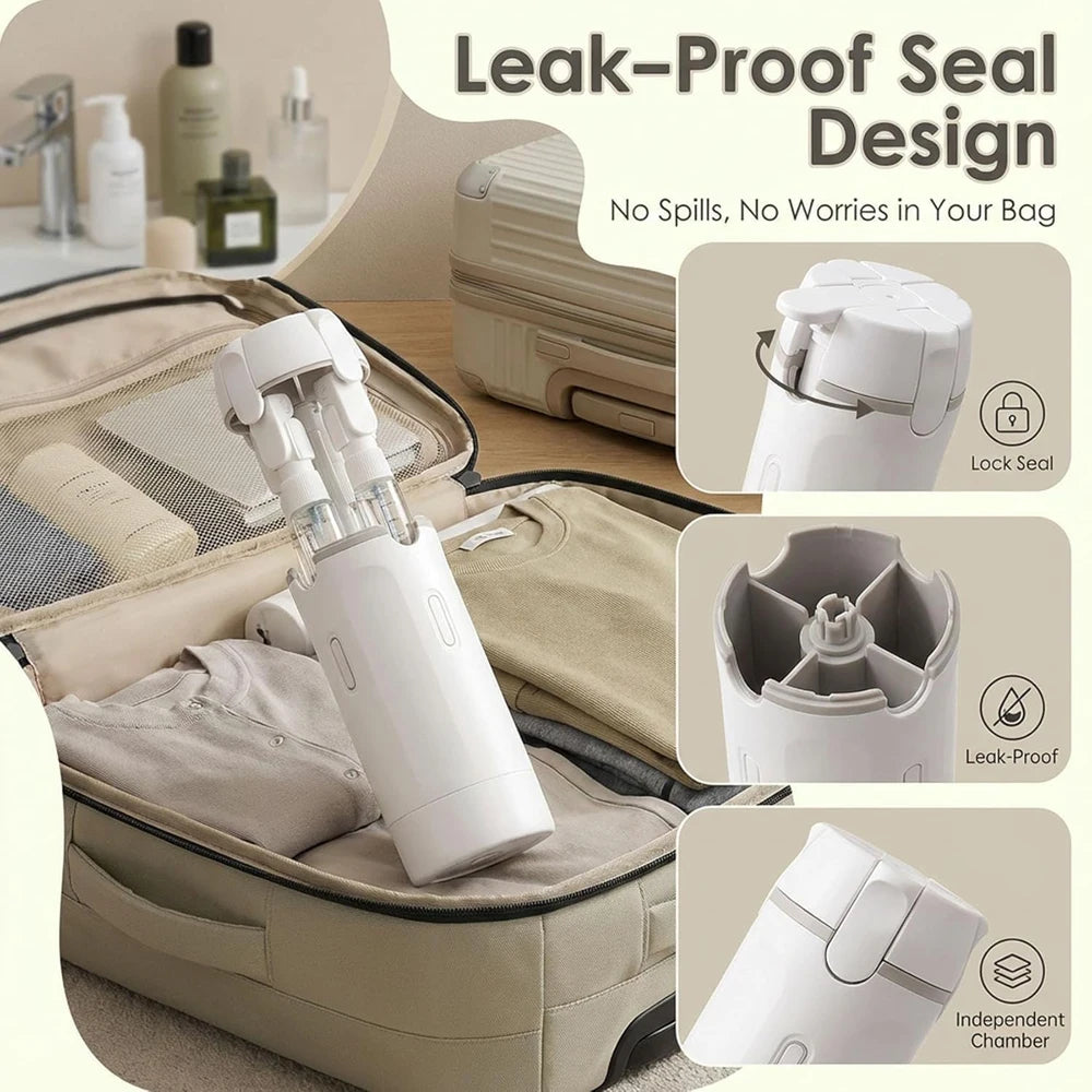 Leak-proof travel bottle with suitcase and bathroom background, emphasizing leak-proof design.