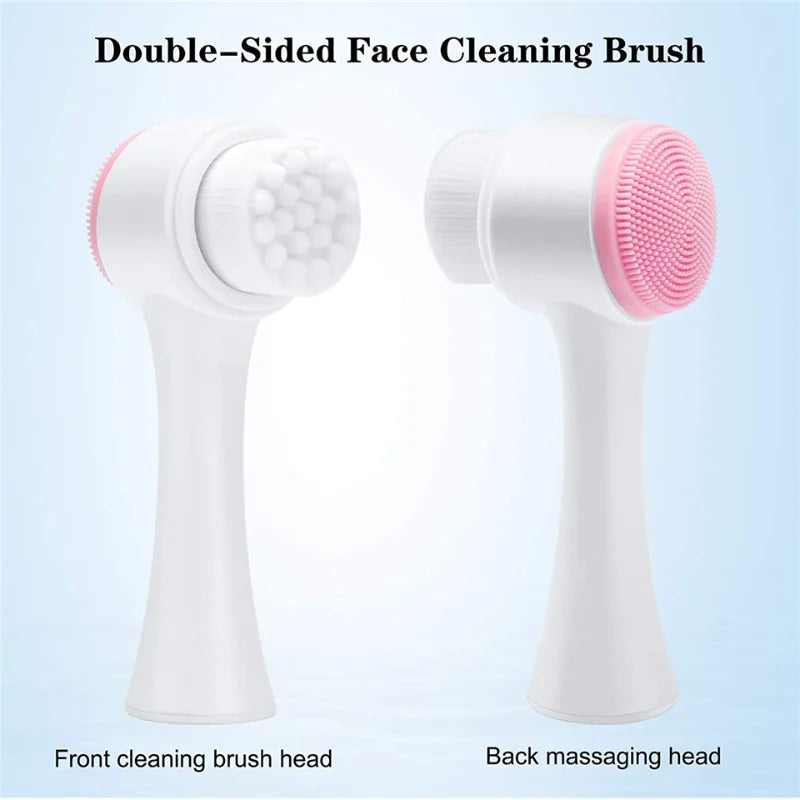 Double-sided face cleaning brush with front cleaning brush head and back massaging head on a light blue background.