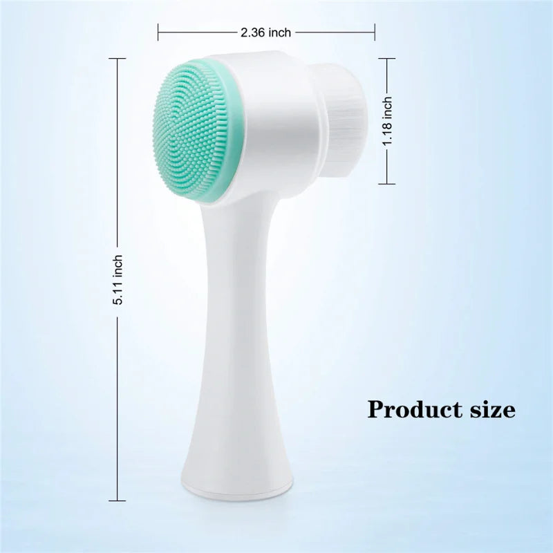 White facial cleansing brush with green bristle head and measurements on a light blue background