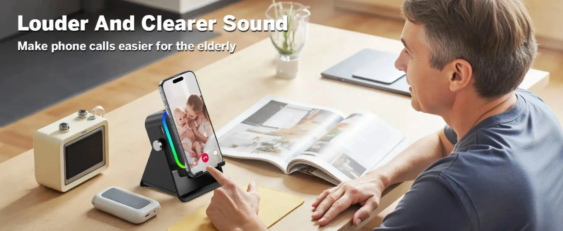 Person using a device to make phone calls easier for the elderly with text 'Louder And Clearer Sound'.