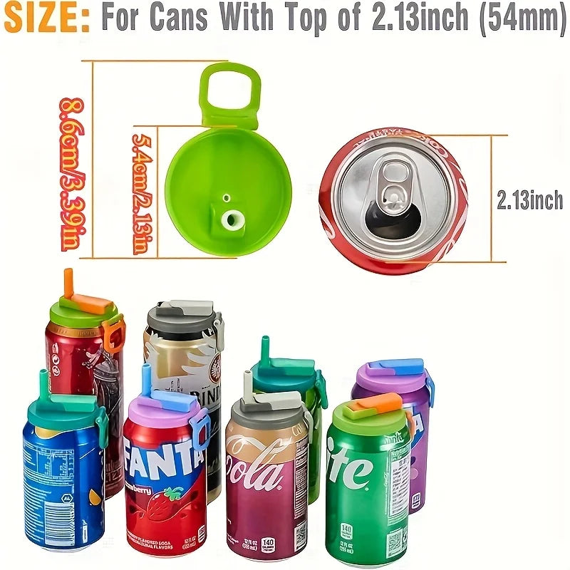 Colorful can coolers with measurements and a can for scale on a white background