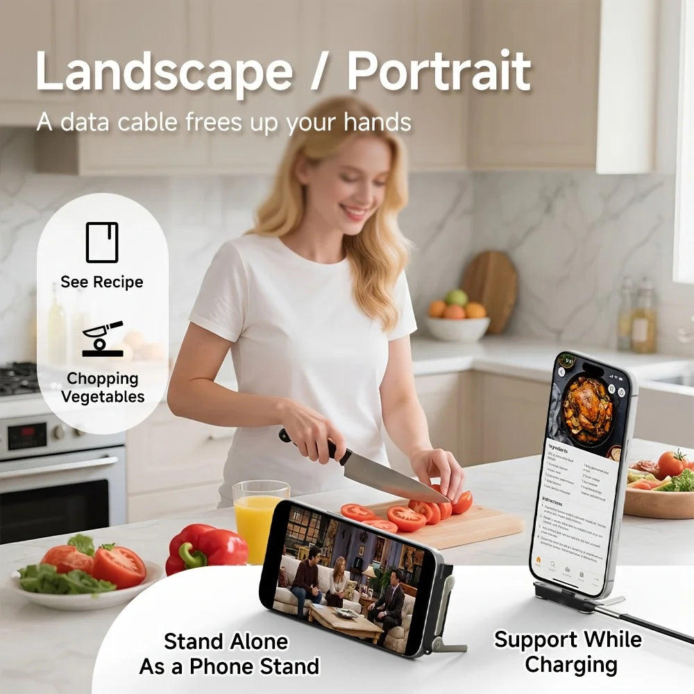 Woman in kitchen using a phone stand with smartphone displaying recipe app