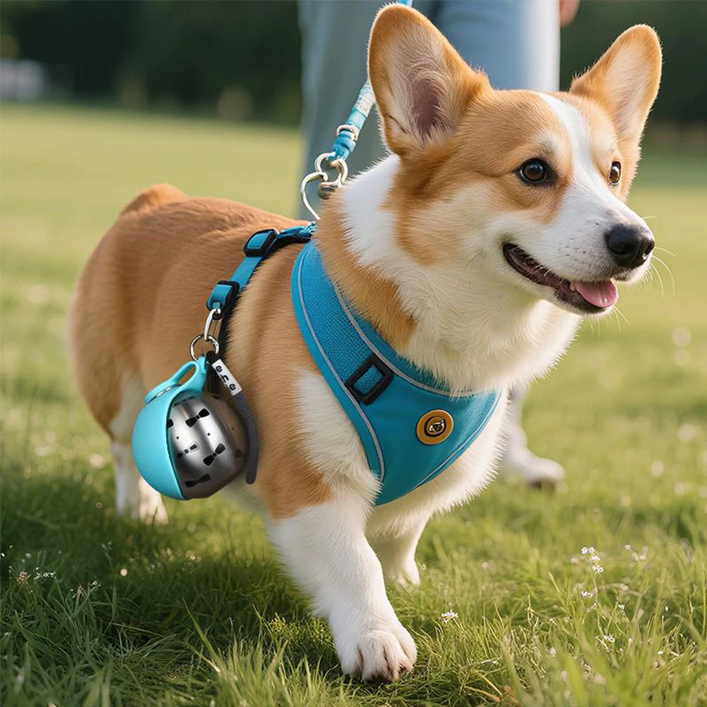 Corgi wearing a blue harness with a bell on a grassy field