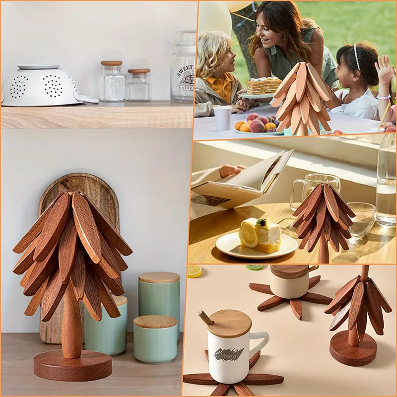 Foldable Wooden Tree Trivet – Heat-Resistant Table Mat, Pot Holder & Cup Coaster