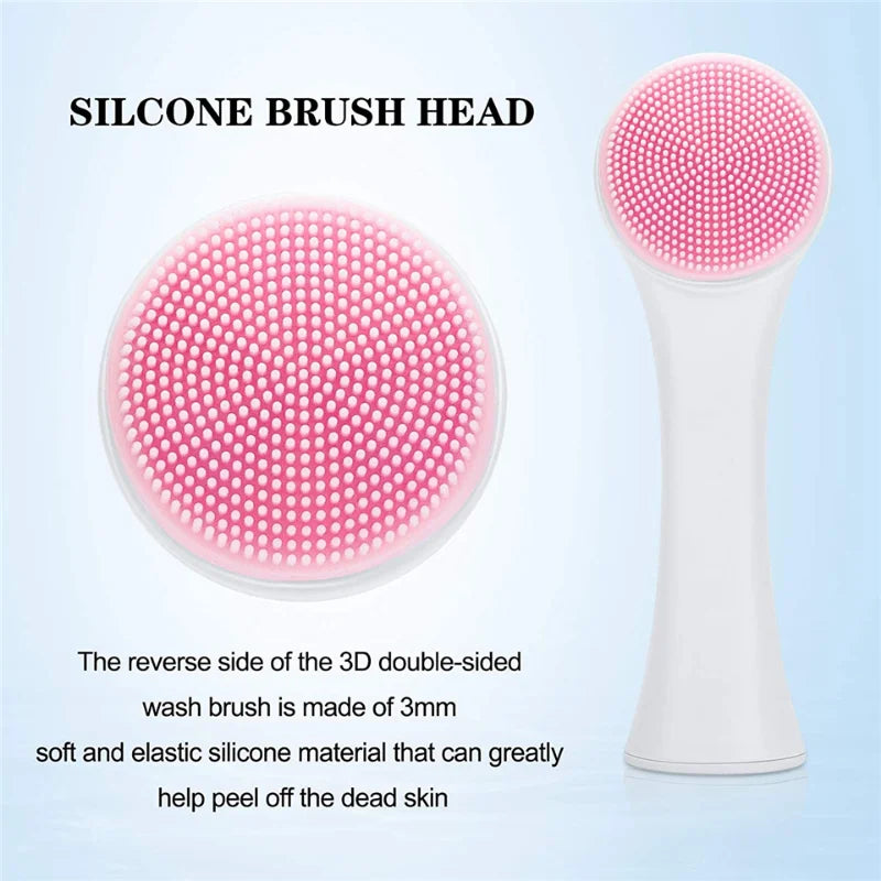 Silicone brush head with text on a light blue background