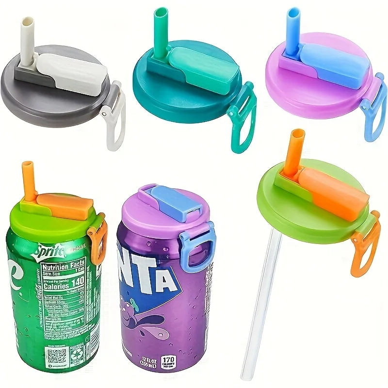 Colorful drink lids and straws on top of soda bottles with visible brand names.