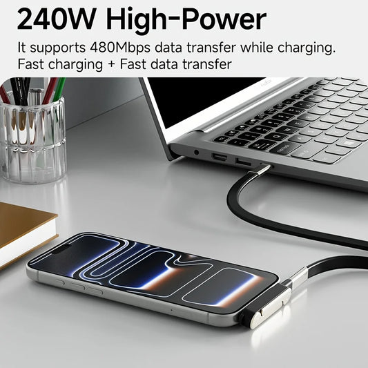 Laptop with a phone connected via a cable on a desk, with text about high-power capabilities.