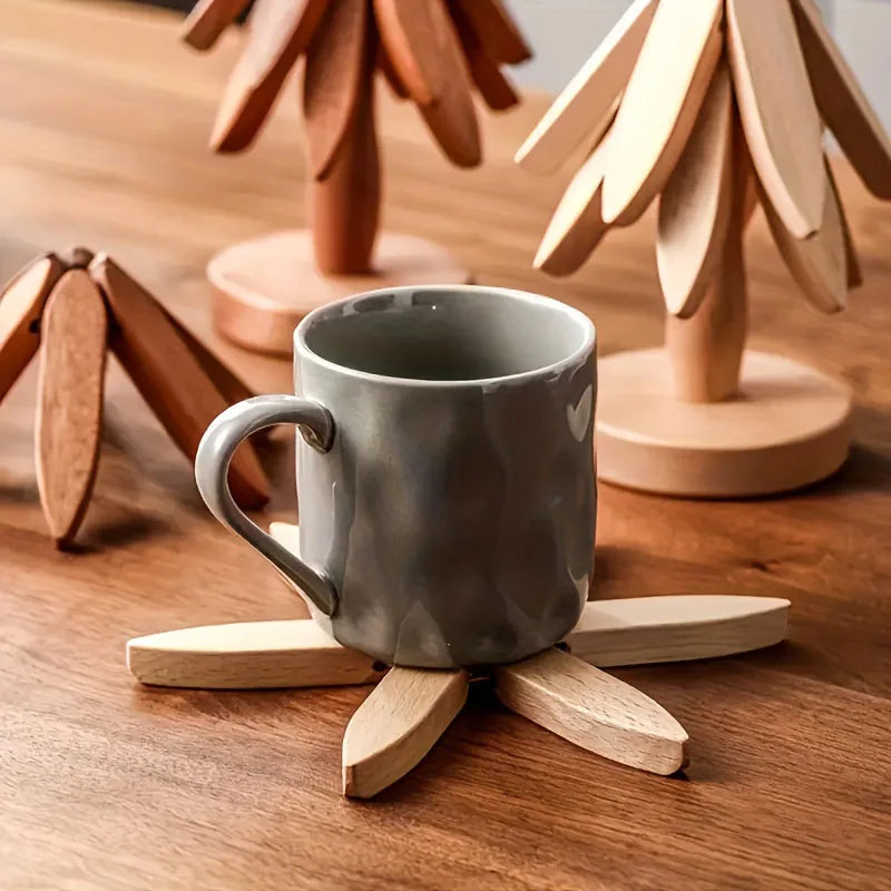 Foldable Wooden Tree Trivet – Heat-Resistant Table Mat, Pot Holder & Cup Coaster
