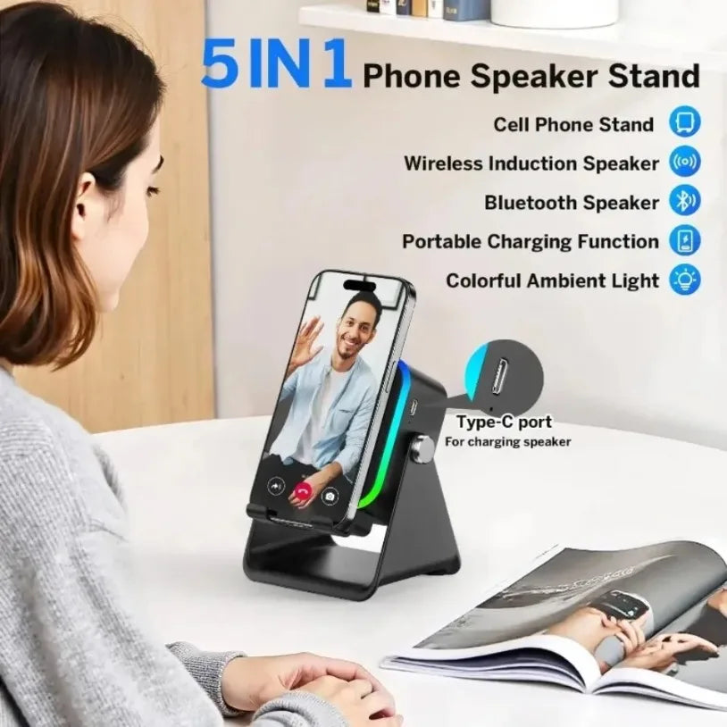 5-in-1 phone speaker stand with woman using smartphone, text detailing features.