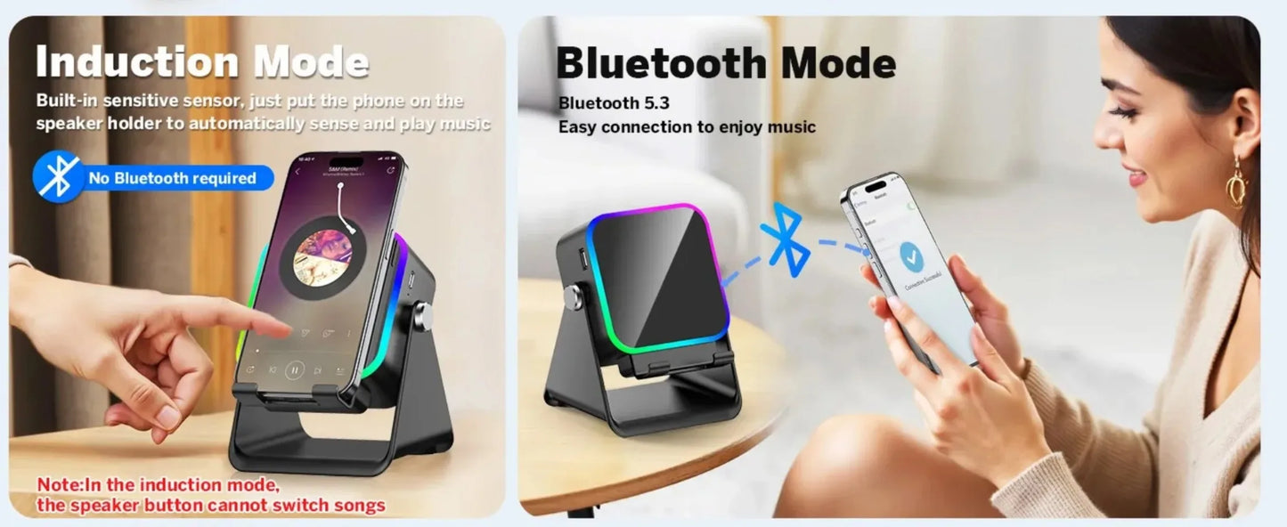 Induction mode and Bluetooth mode smartphone stands with user interaction.