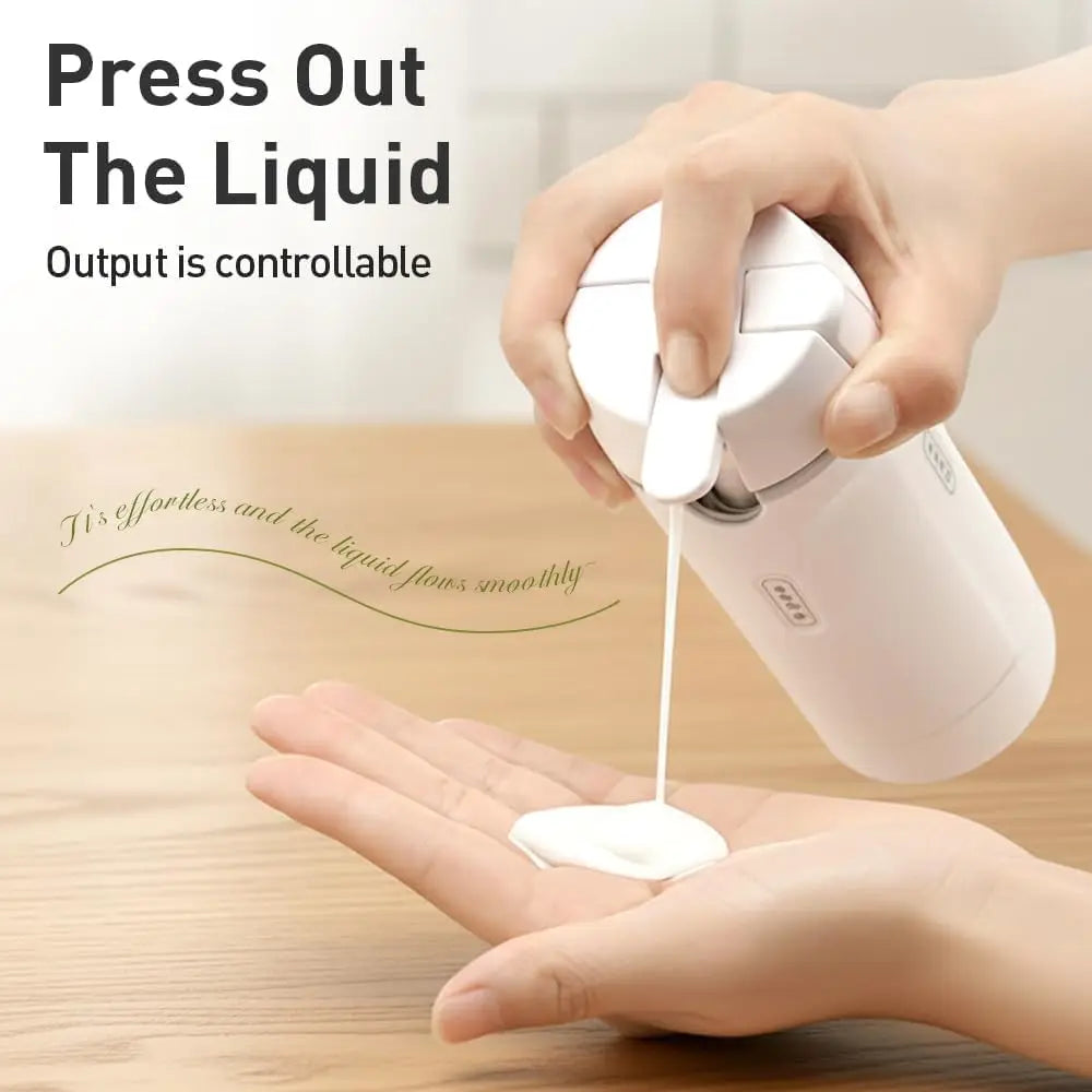 Hand holding a white dispenser pressing out liquid onto a palm with text indicating controllable output.