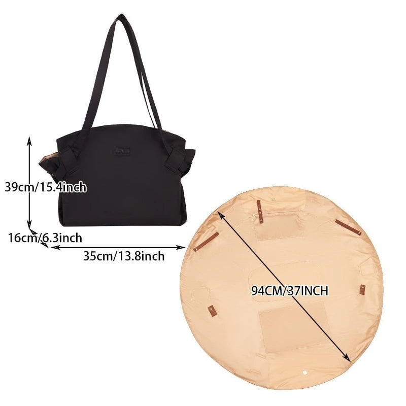 Black handbag and beige round cover with measurements on a white background