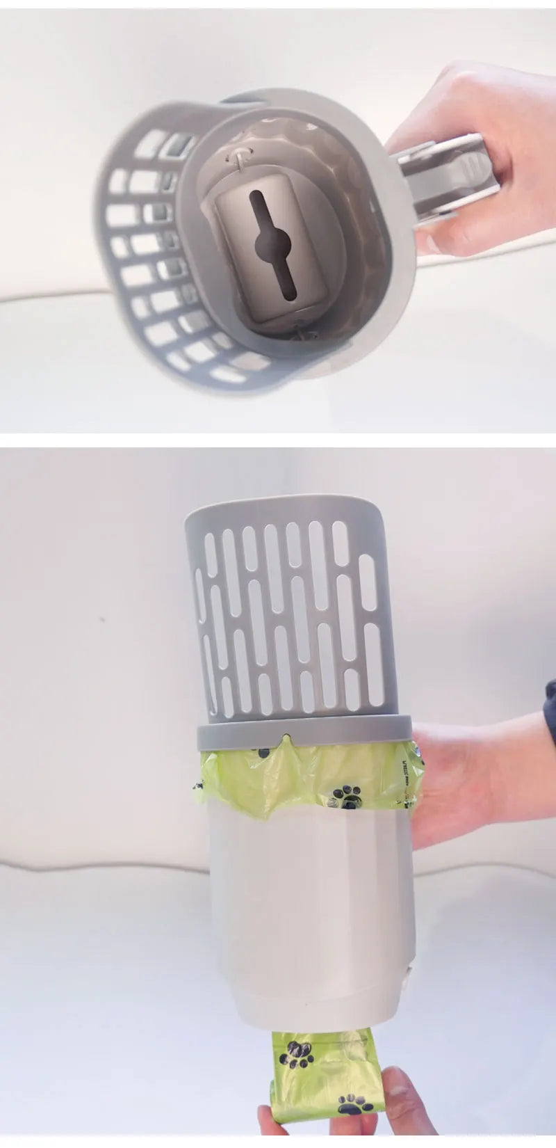 Gray kitchen tool with a handle and basket-like top, held by a person.