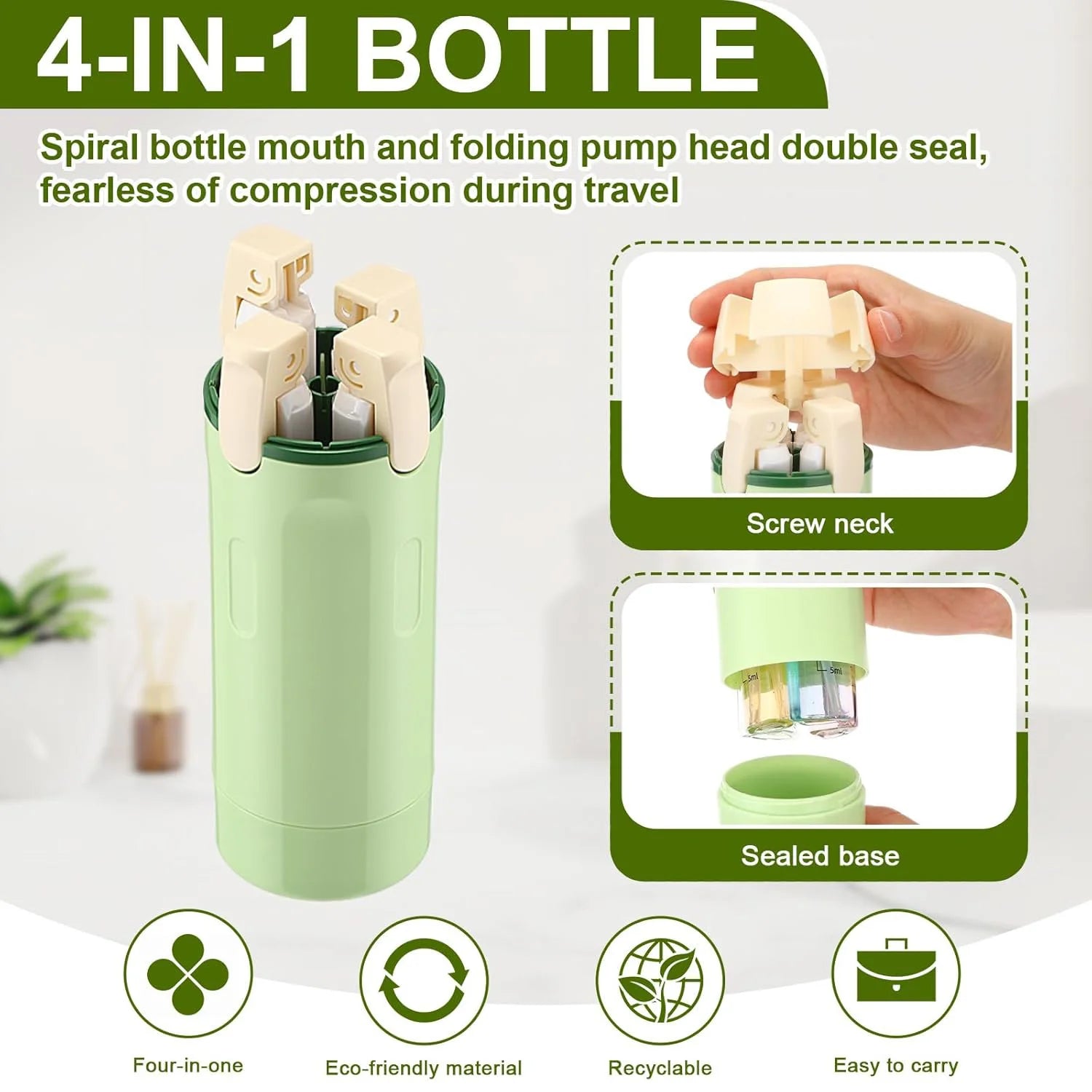 Green 4-in-1 bottle with features highlighted on a white background